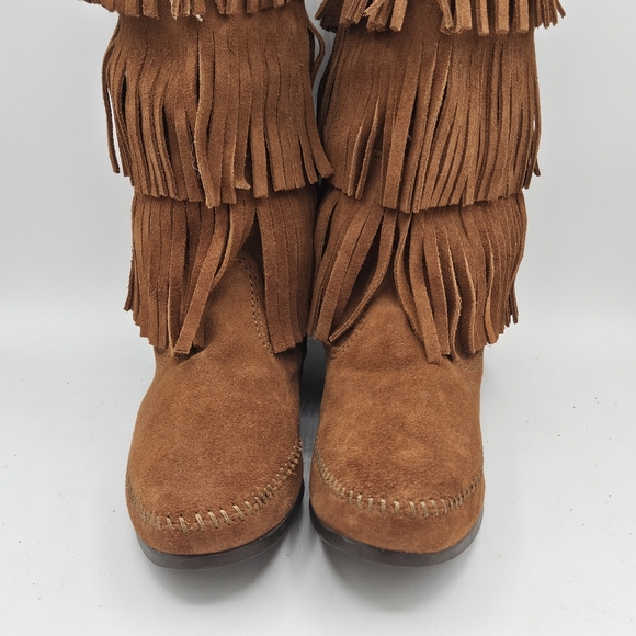 Minnetonka Calf Hi 3-layer leather Fringe western hippie moccasin Boot size 8 - Picture 7 of 16